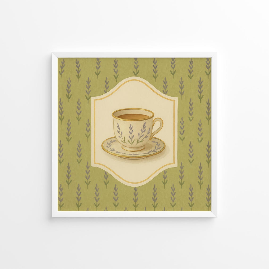 Lavender Teacup Poster Sage Ivory Version Vintage Botanical Tea Wall Art
