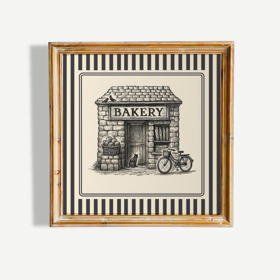 Bakery Storefront Vintage Line Drawing With Bicycle Cat Poster