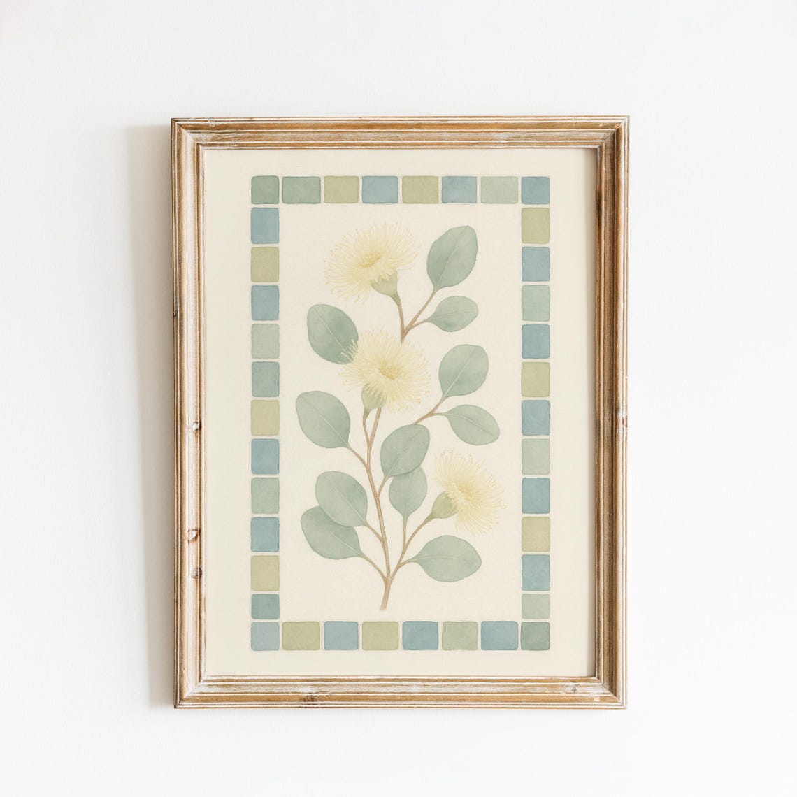 Golden Yellow Wattle Blossoms Blue Tile Border Botanical Poster