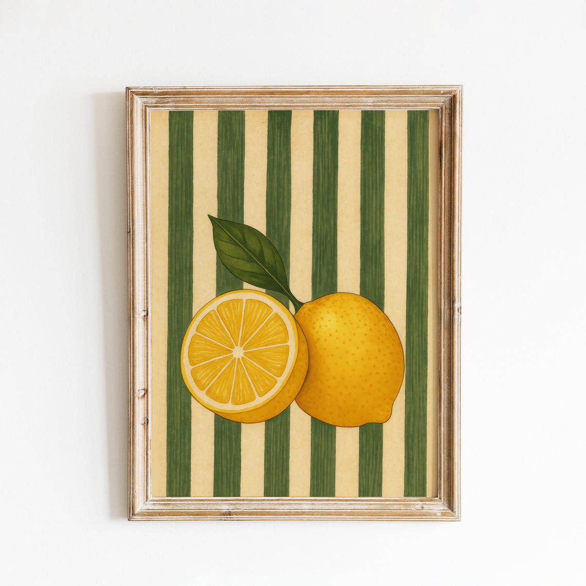 Lemon Kitchen Wall Art Retro Fruit Print With Green Striped Background
