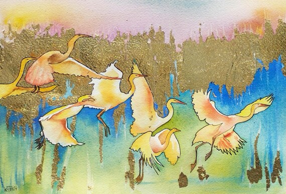 Flock of White Egrets in Flight Gold Leaf Watercolor Bird Poster