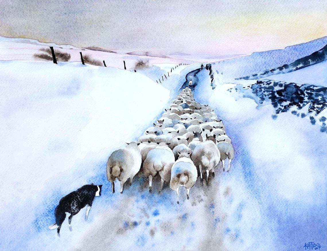 Sheepdog Guiding a Flock of Sheep Through Winter Snow Watercolor Poster