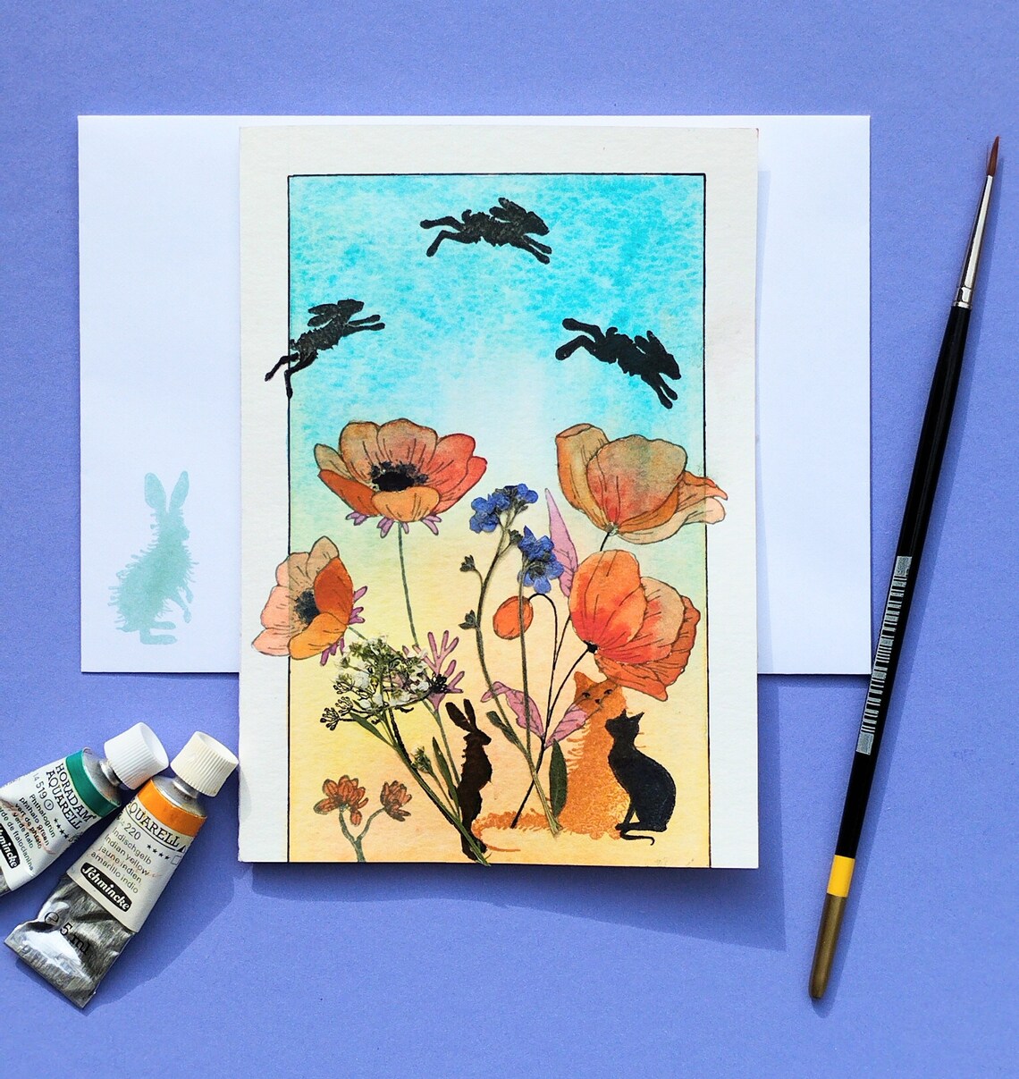 Black Cats And Hares Among Orange Poppies Watercolor Meadow Art Poster