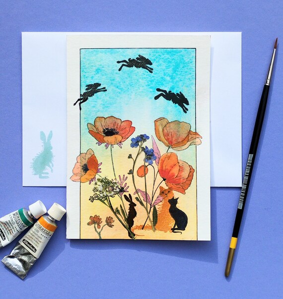 Black Cats And Hares Among Orange Poppies Watercolor Meadow Art Poster