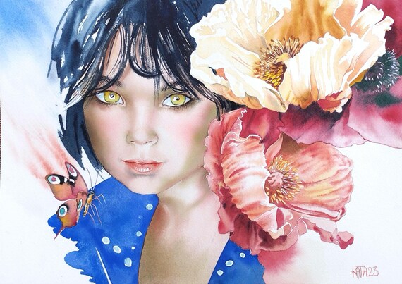 Girl With Golden Eyes Poppies and Butterfly Watercolor Portrait Art Poster