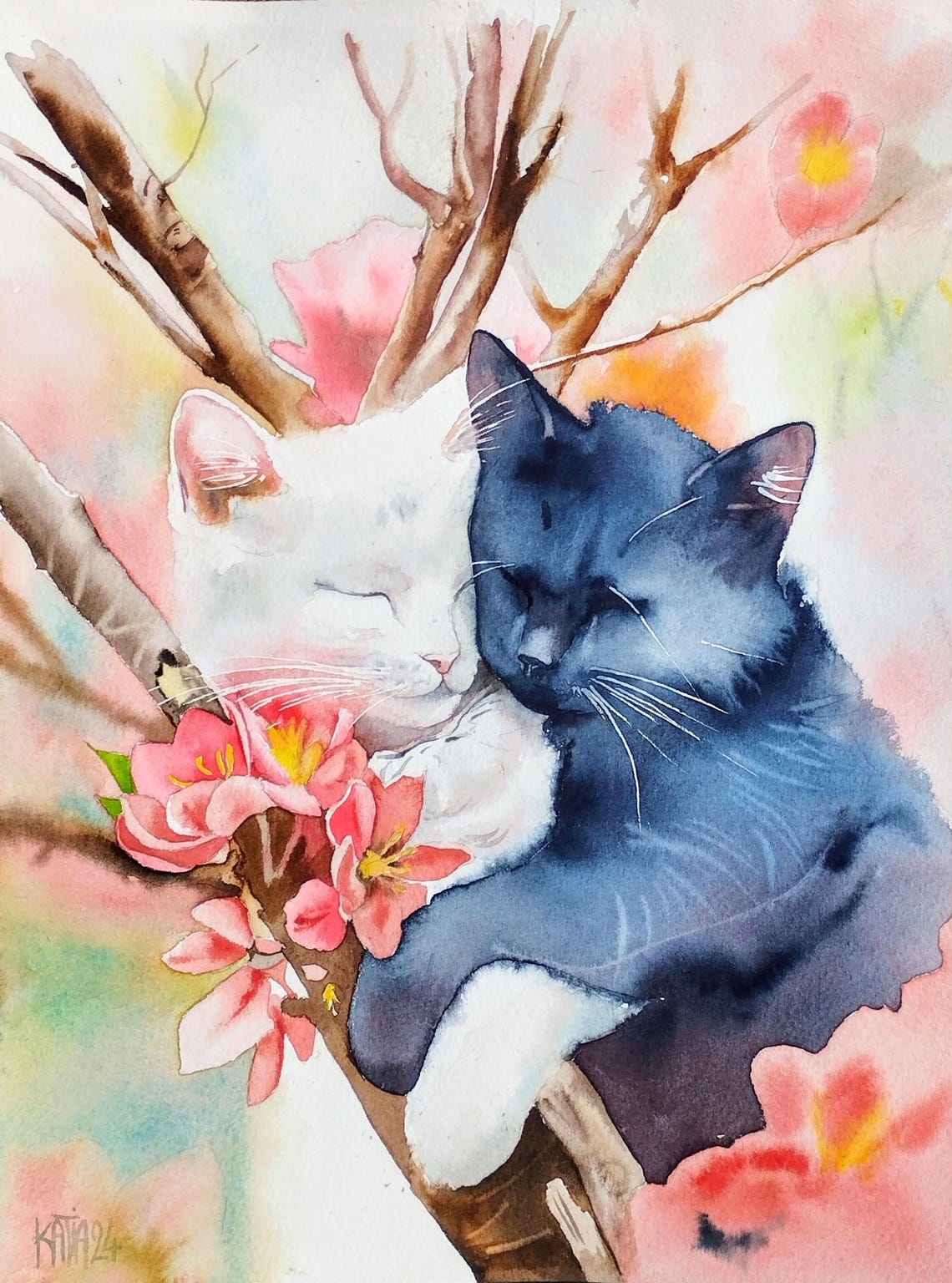 Painting Of White And Black Cats In Japanese Cherry Blossoms Asia Couple Brother Sister Feline Tenderness Original Watercolor Wall Art