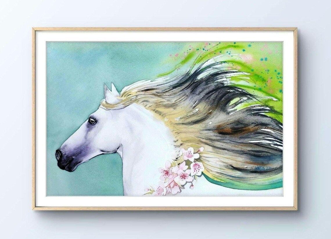 White Horse Portrait with Cherry Blossom Mane Watercolor Poster