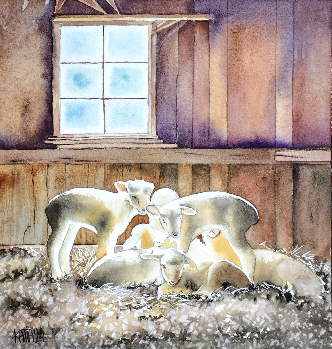 Newborn Lambs Resting In A Rustic Barn Sheepfold Watercolor Art Poster