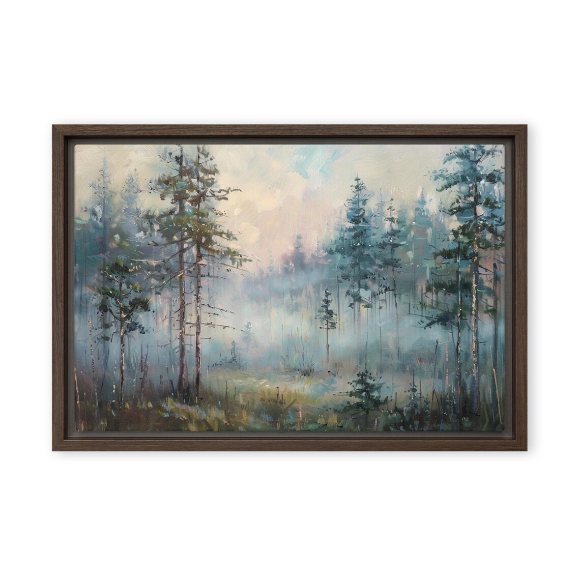 Foggy Pine Forest Treeline Misty Blue-Green Landscape Painting Poster