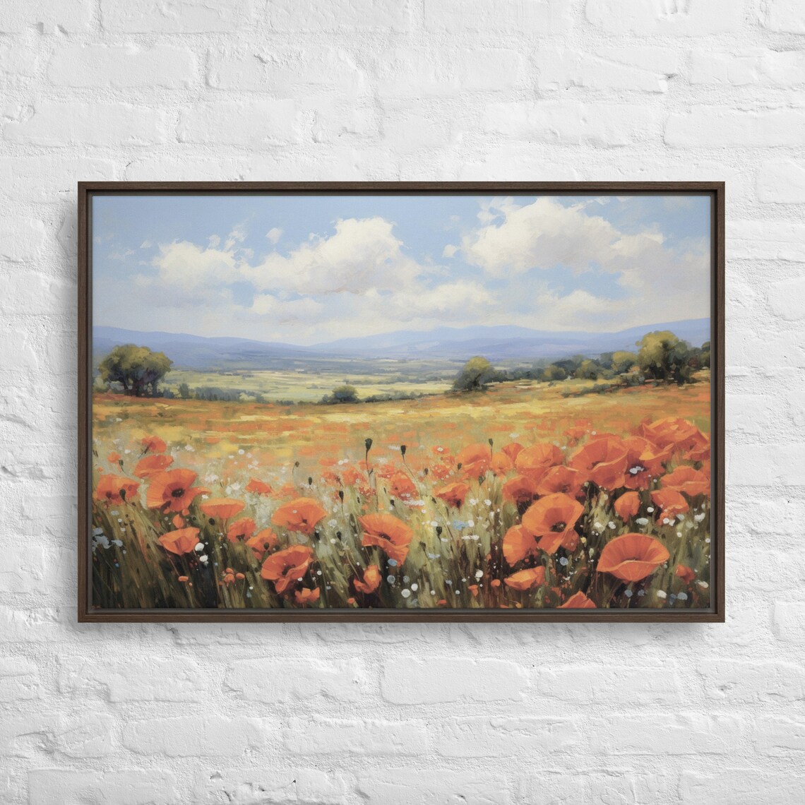 Red Poppy Field in Bloom Under Mountain Sky Oil Painting Poster