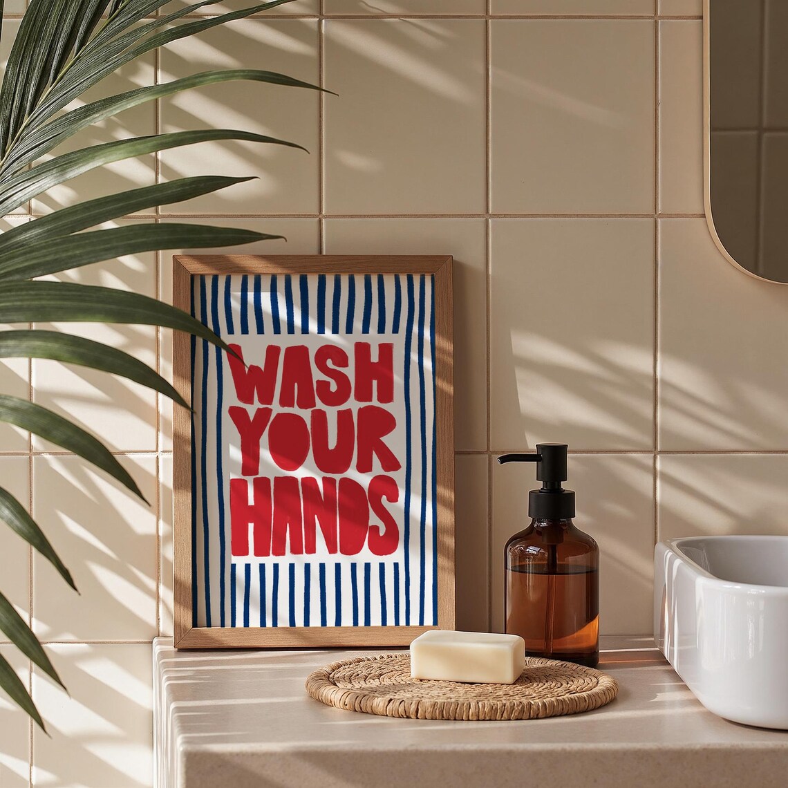 Wash Your Hands Bold Red Striped Bathroom Hand Lettered Art Poster