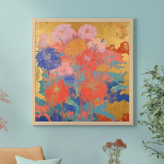 Vibrant Colorful Abstract Fireworks Bursts On Gold Leaf Wall Art