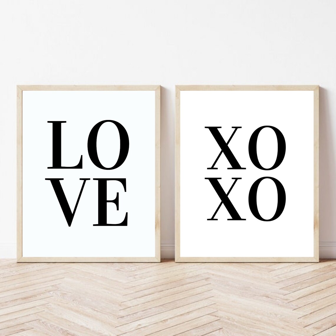Love Xoxo Typography Set of 2 Minimalist Black White Bedroom Wall Art