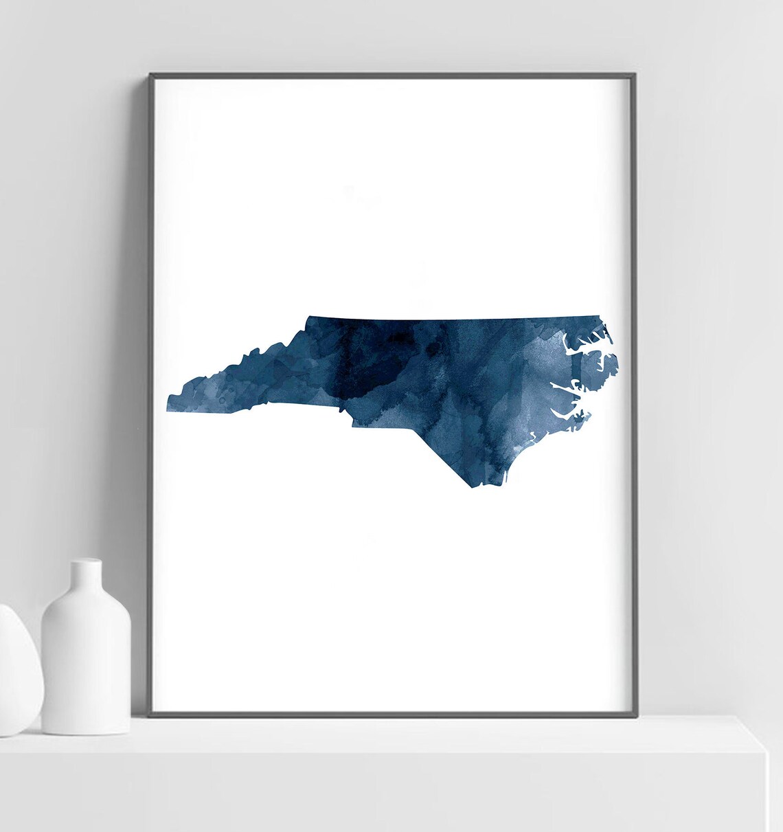North Carolina State Navy Watercolor Map Silhouette Art Poster