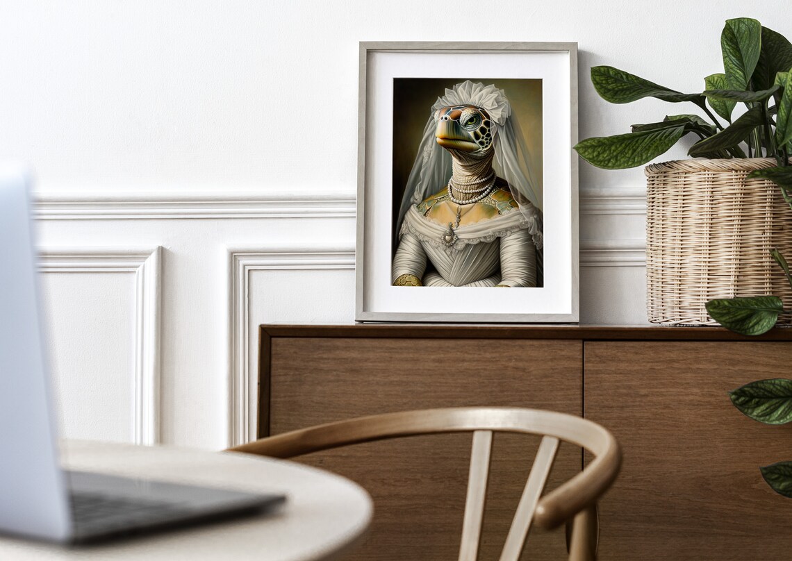 Sea Turtle In Wedding Dress And Pearls Baroque Portrait Funny Poster - Image 3