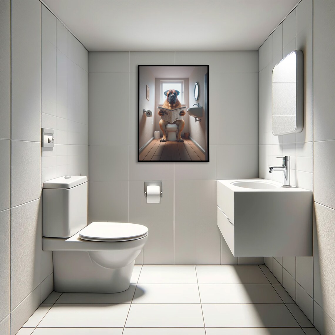 Bullmastiff Reading the Newspaper, Funny Bathroom Poster - Image 4