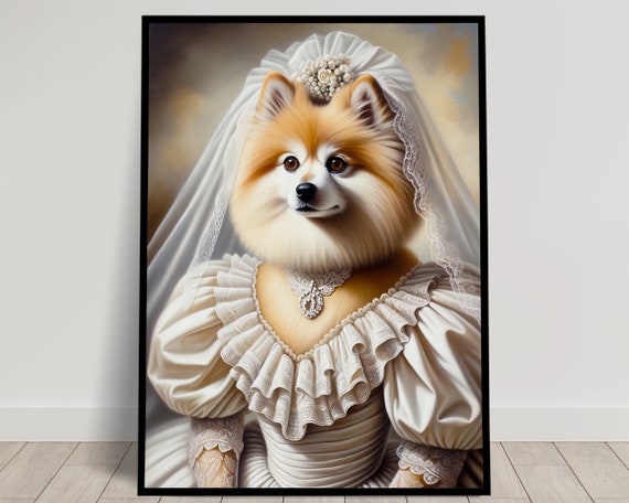 Portrait Of A Spitz Wearing A Wedding Dress Animal Wall Decor Dog Mariage Poster Bride Wall Art Funny Frame Unique Gift