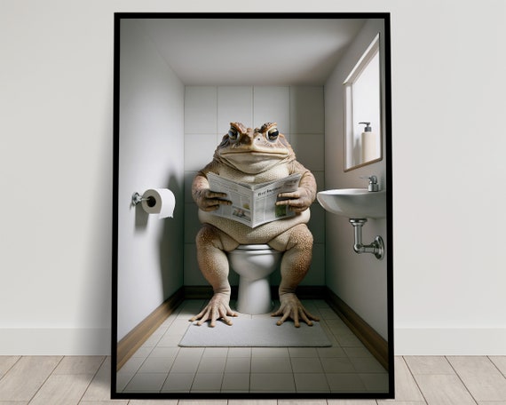 Photograph Of A Toad Reading The Newspaper On The Toilet Funny Bathroom Decor Bathroom Wall Art Wc Toilet Poster Unique Funny Gift