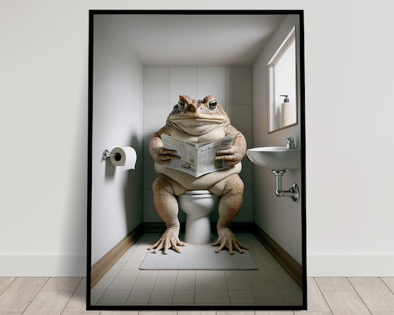 Toad Reading Newspaper While Sitting on the Toilet Funny Bathroom Poster