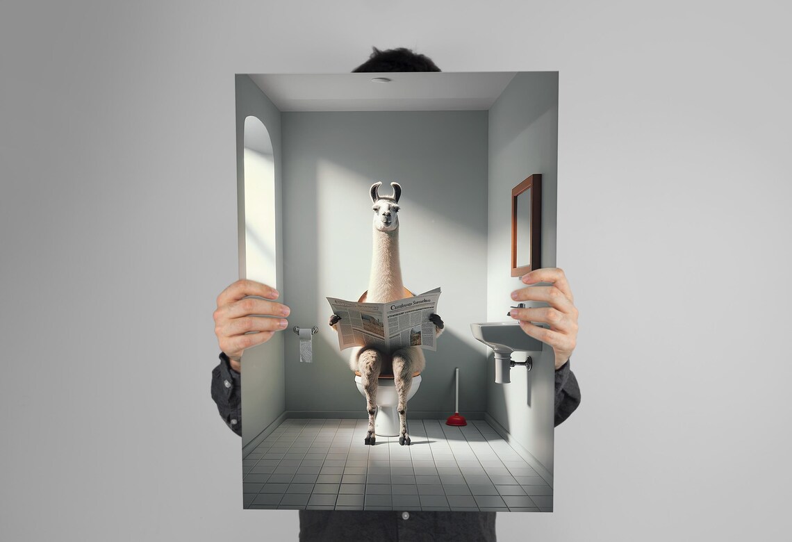 Llama Reading the Newspaper on the Toilet Funny Bathroom Poster - Image 3