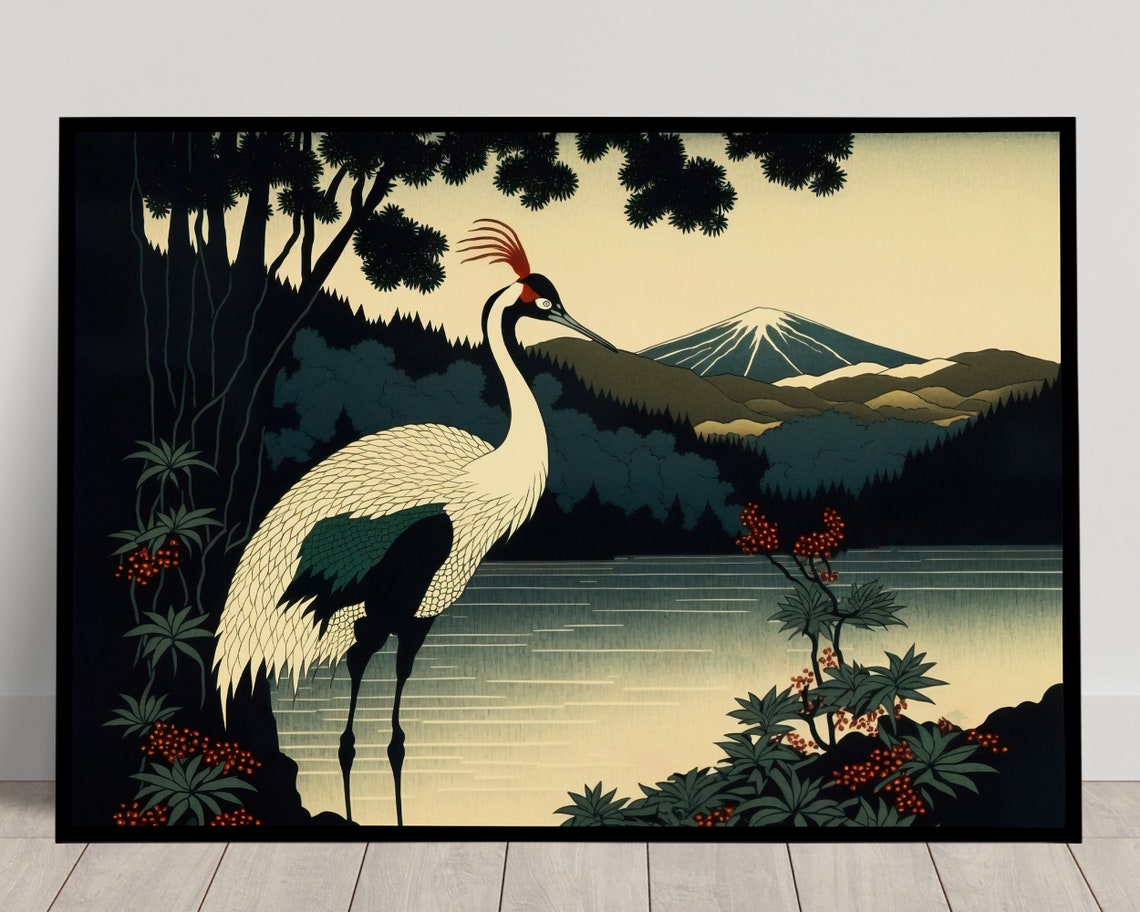 Red Crowned Crane Mount Fuji Sunset Japanese Landscape Poster