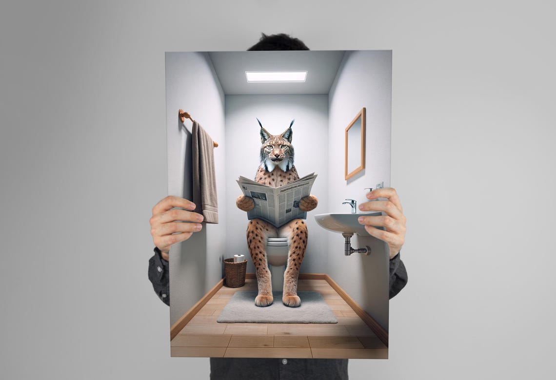 Funny Lynx Reading Newspaper On Toilet Wild Cat Bathroom Humor Poster - Image 3