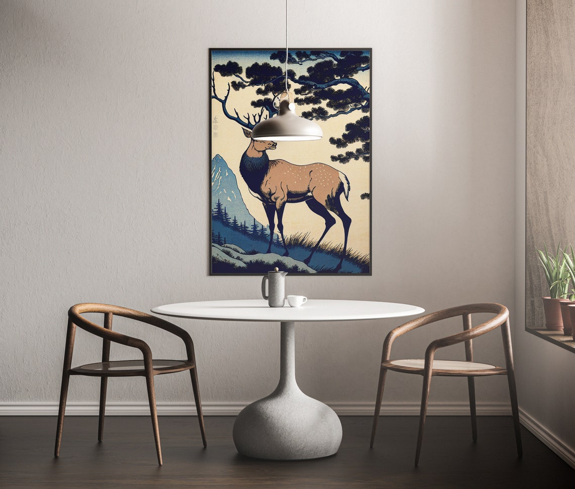 Stag Deer Beneath Pine Trees in Ukiyo E Japanese Mountain Art Poster - Image 2