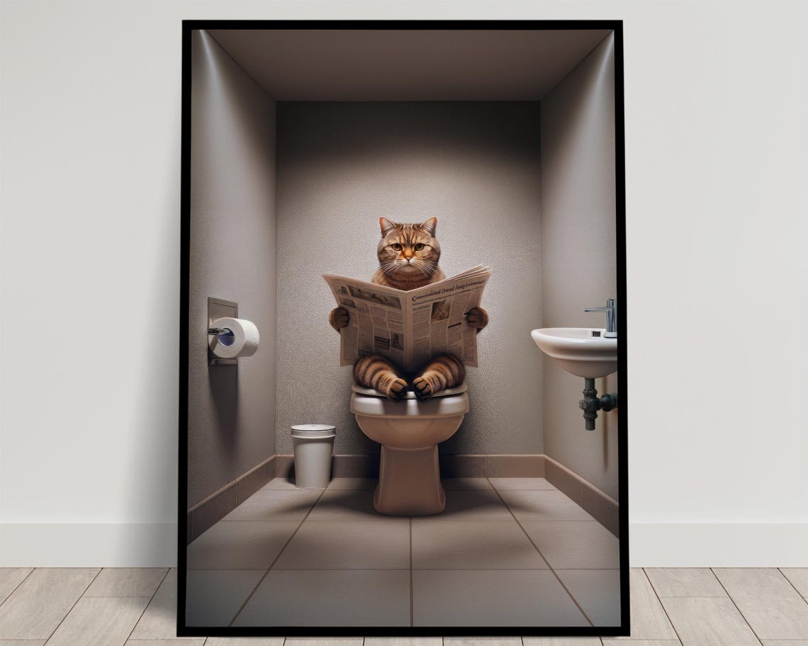 British Shorthair Tabby Cat Reading Newspaper Funny Art Poster
