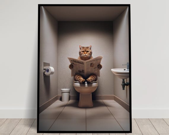 Poster Of A British Shorthair Brown Tabby Cat Sitting On The Toilet Funny Bathroom Decor Bathroom Wall Art Wc Toilet Poster Gag Gift