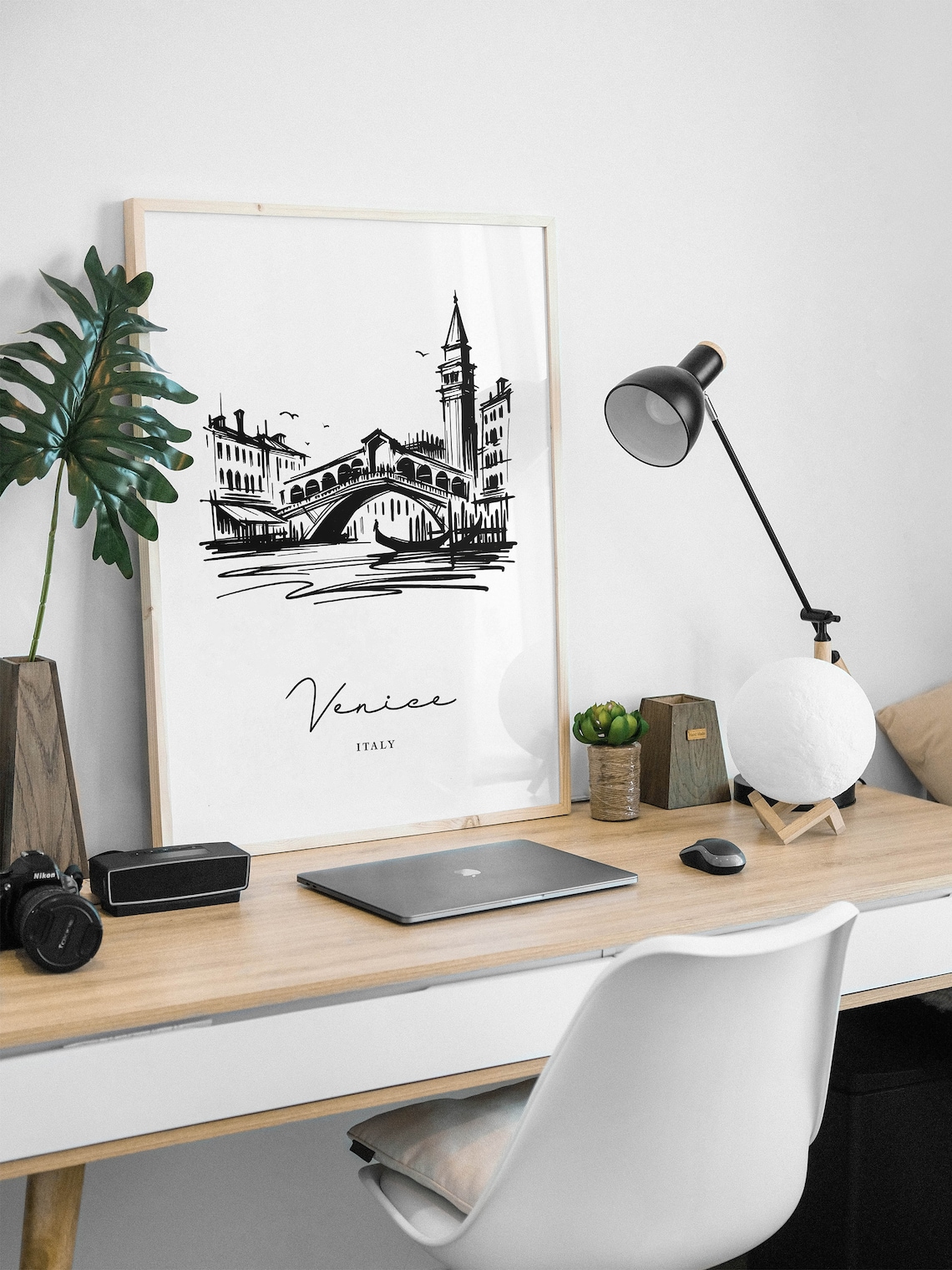 Venice Italy Rialto Bridge Gondola Black and White Sketch Poster - Image 2