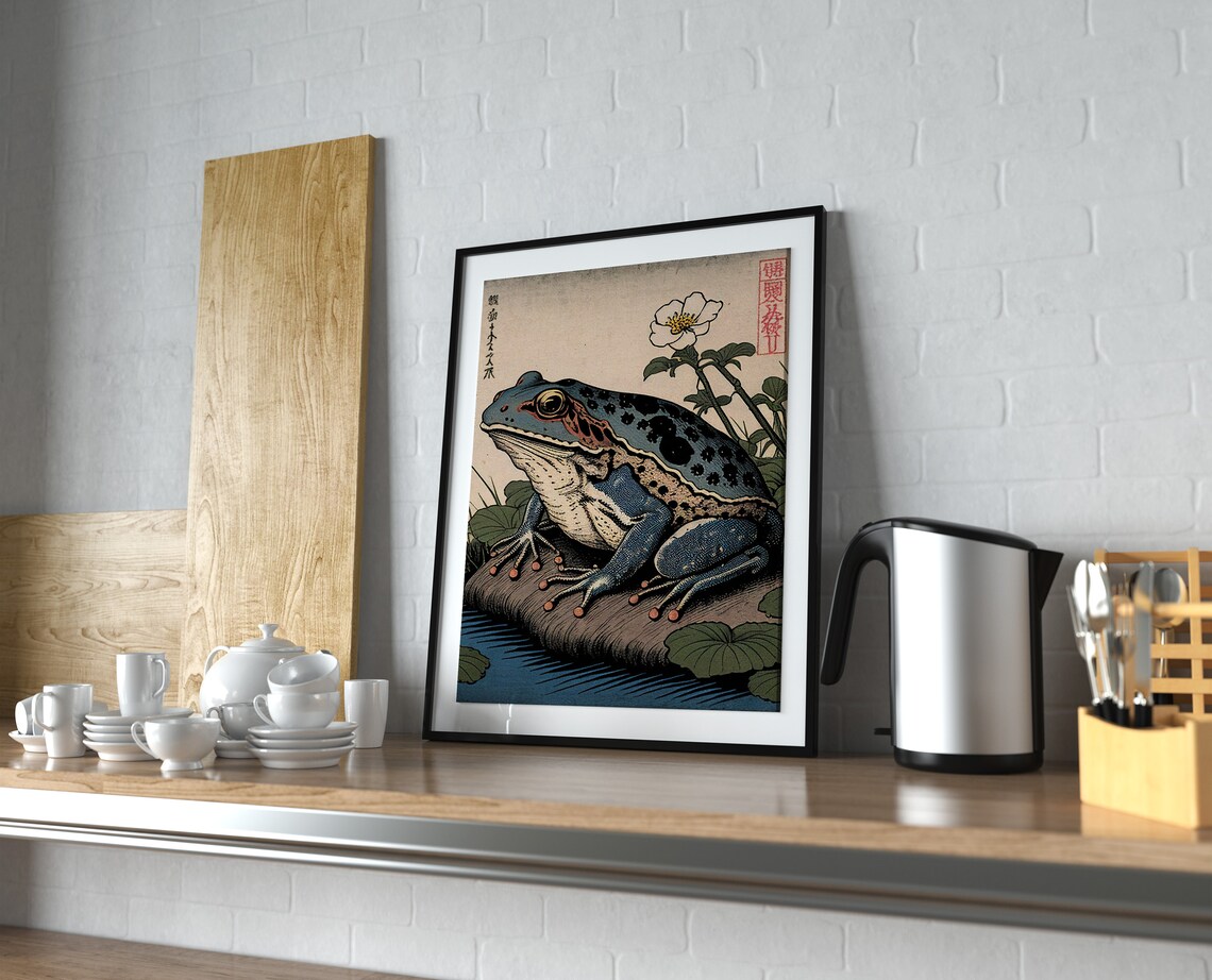 Japanese Ukiyo E Style Frog Pond Flower Vintage Illustration Wall Art - Image 3