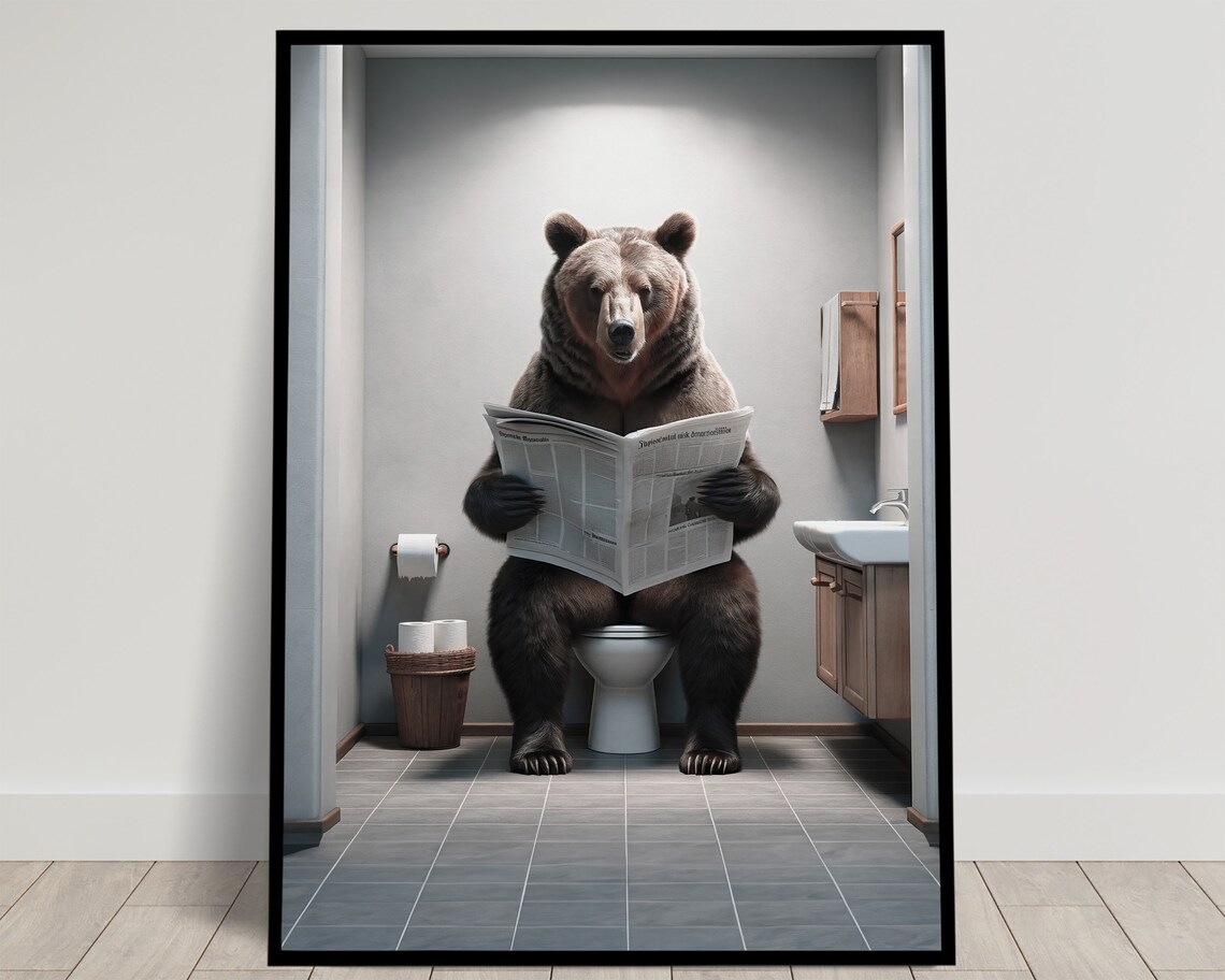 Brown Bear Reading Newspaper Bathroom Wall Art Print
