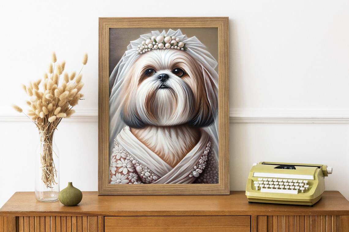 Shih Tzu Bride in Wedding Dress with Veil and Floral Headpiece Poster - Image 3