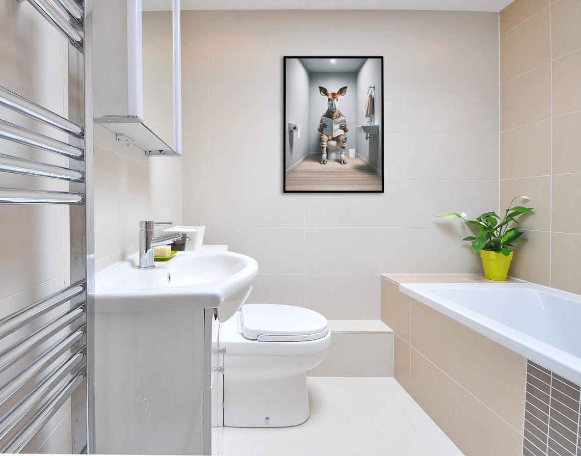 Photograph Of An Okapi Reading The Newspaper On The Toilet Funny Bathroom Decor Bathroom Wall Art Wc Toilet Poster Unique Gag Gift - Image 2