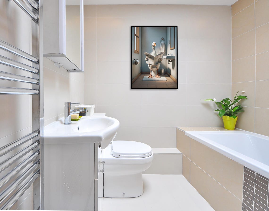 White Goose Reading Newspaper On The Toilet Funny Bathroom Poster - Image 2