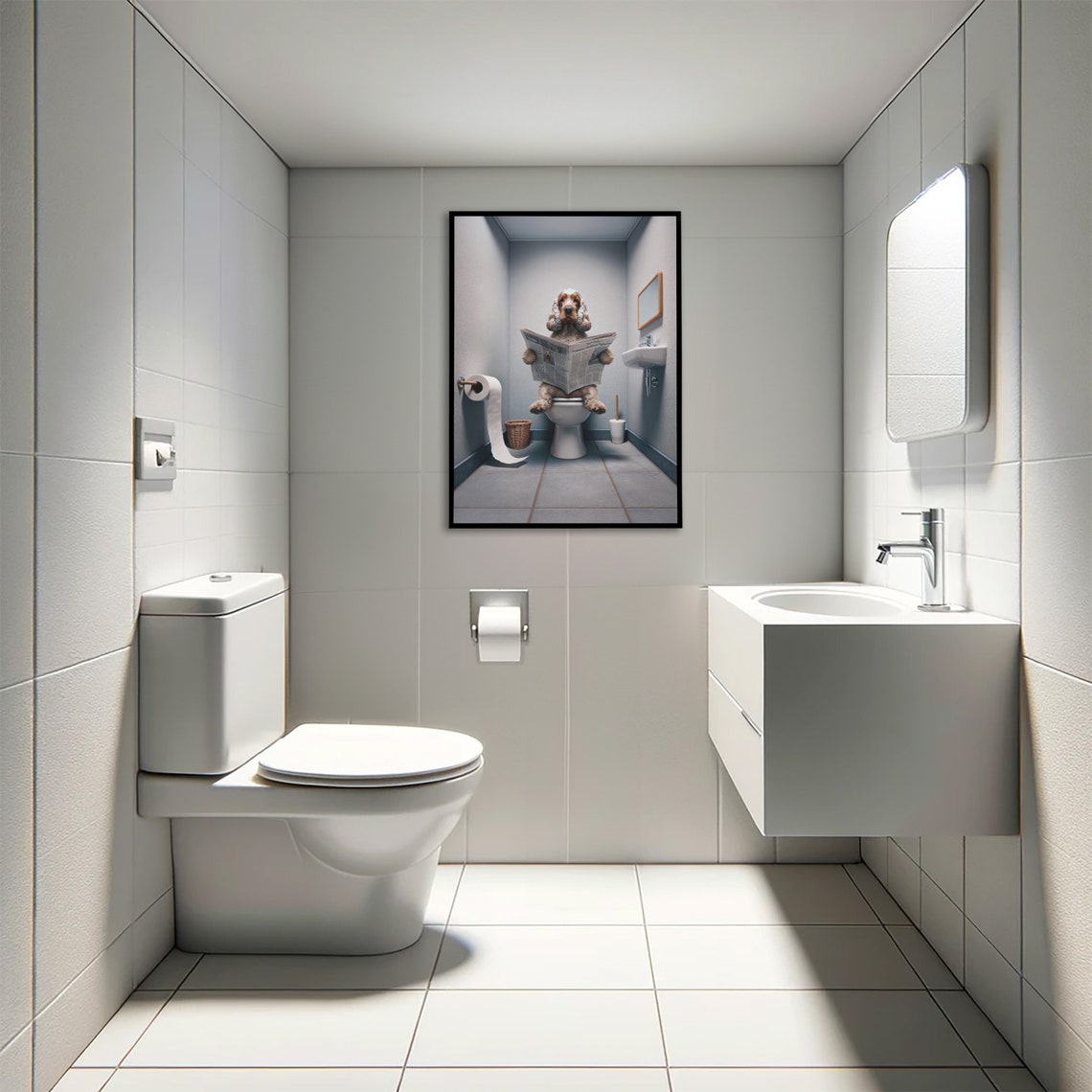 English Cocker Spaniel Reading Newspaper on the Toilet Poster - Image 4