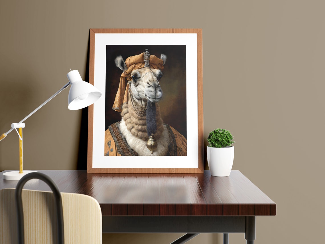 Noble Camel Baroque Style Portrait With Turban Funny Wall Art - Image 2