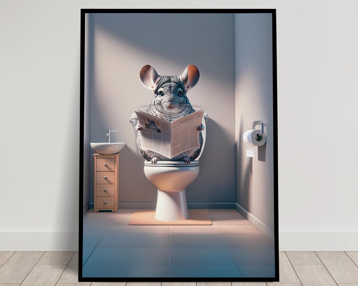Chinchilla Reading the Newspaper on the Toilet Funny Bathroom Poster