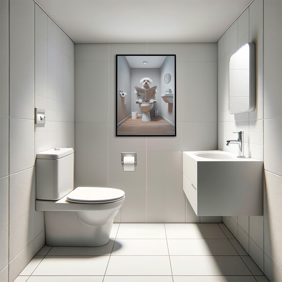 Photograph Of A Maltese Dog Reading The Newspaper On The Toilet Funny Bathroom Decor Bathroom Wall Art Wc Toilet Poster Gag Gift - Image 4