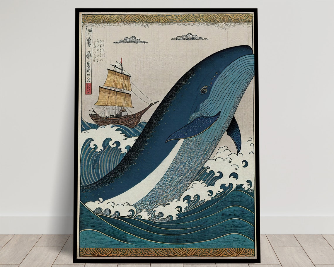 Giant Blue Whale Breaching Near Tall Ship Japanese Art Poster