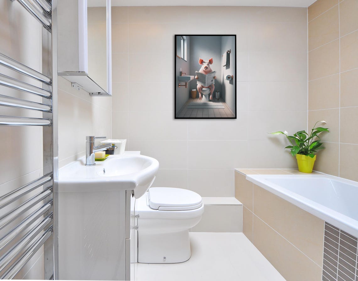 Pig Reading the Newspaper on the Toilet Funny Bathroom Poster - Image 2