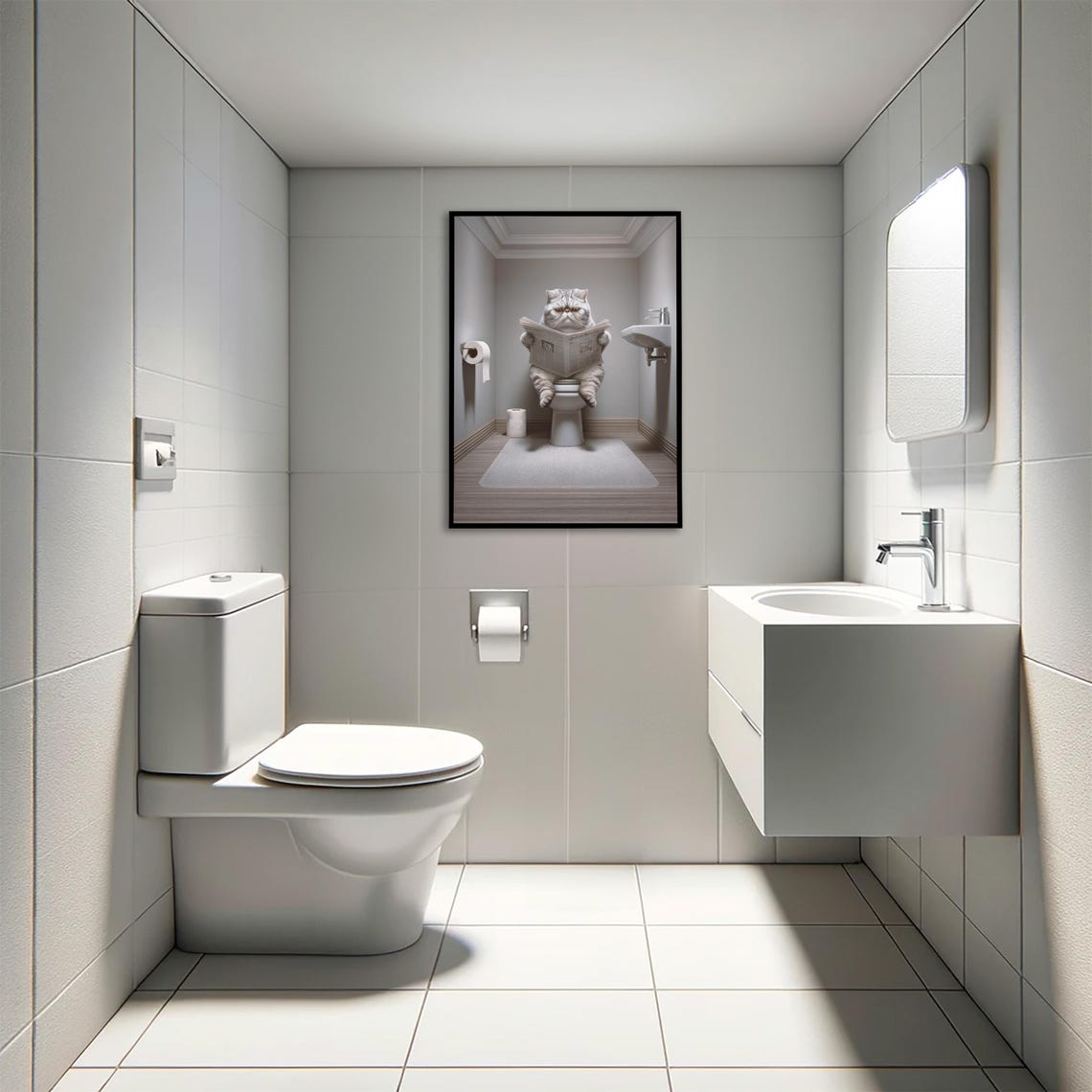 Silver Tabby Cat Reading Newspaper On The Toilet Funny Bathroom Poster - Image 4