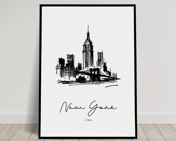 New York City Skyline Line Art Sketch Minimalist Modern City Poster