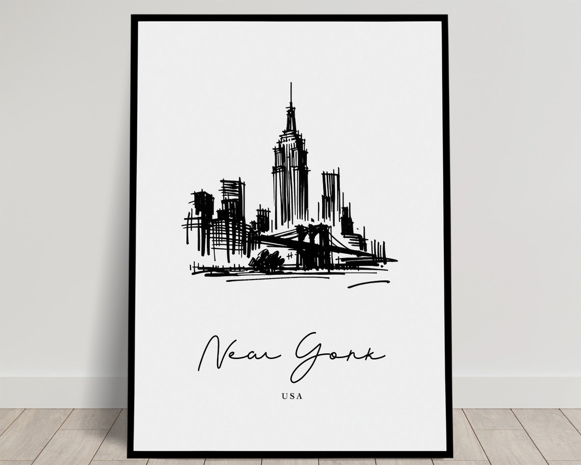 New York City Skyline Line Art Sketch Minimalist Modern City Poster