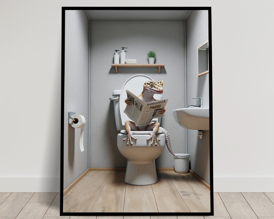Gecko Reading Newspaper While Sitting on the Toilet Funny Poster