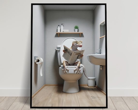 Gecko Reading Newspaper While Sitting on the Toilet Funny Poster