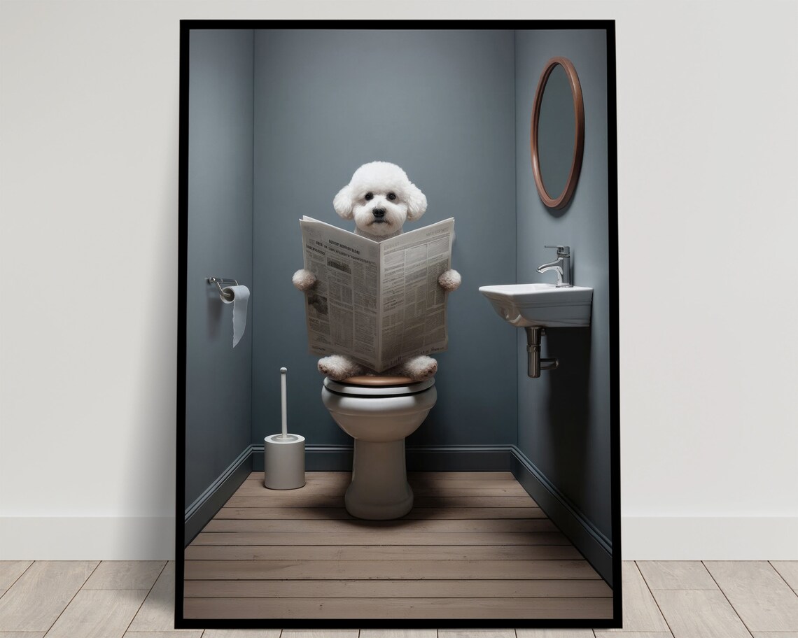Photograph Of A Bichon Fris Reading The Newspaper On The Toilet Funny Bathroom Decor Bathroom Wall Art Wc Toilet Poster Gag Gift