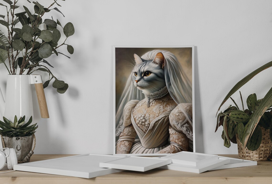 Gray Tabby Cat Bride in a Lace Wedding Dress Regal Animal Portrait Poster - Image 2