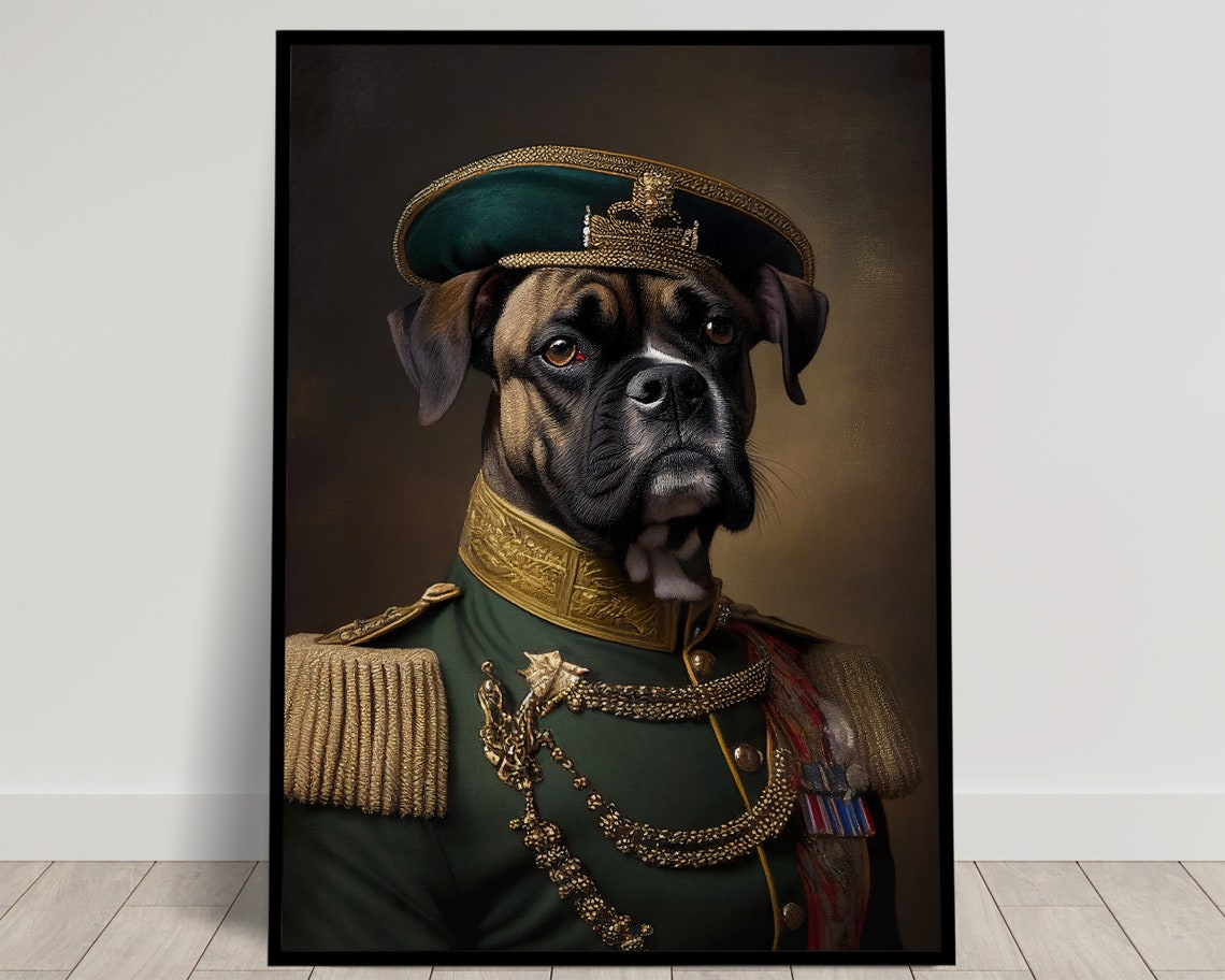 Boxer Dog Green Military Uniform With Medals Portrait Poster