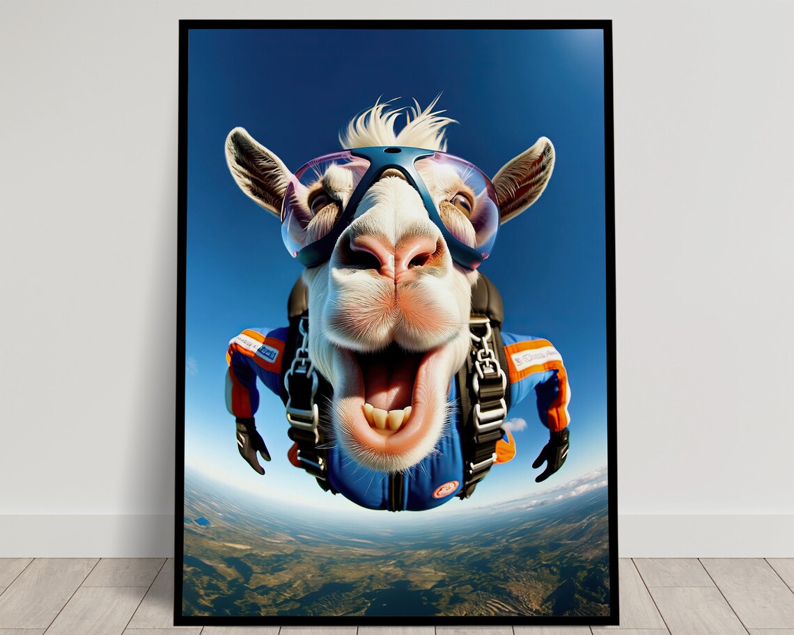 Skydiving Goat in Free Fall, Animal Wall Art Print